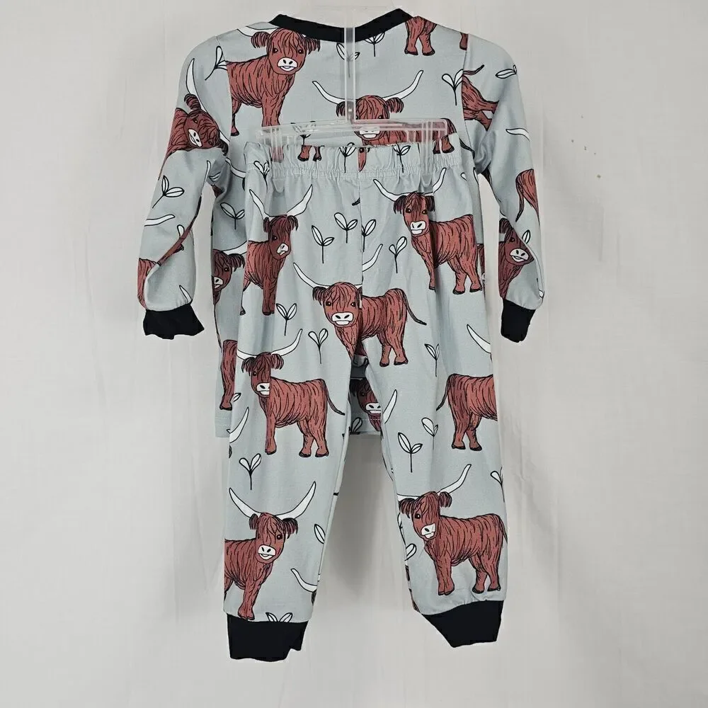Highland Cow Pajama Blue/gray With Black Trim Brown Cow Print Pajama Set Size 92
